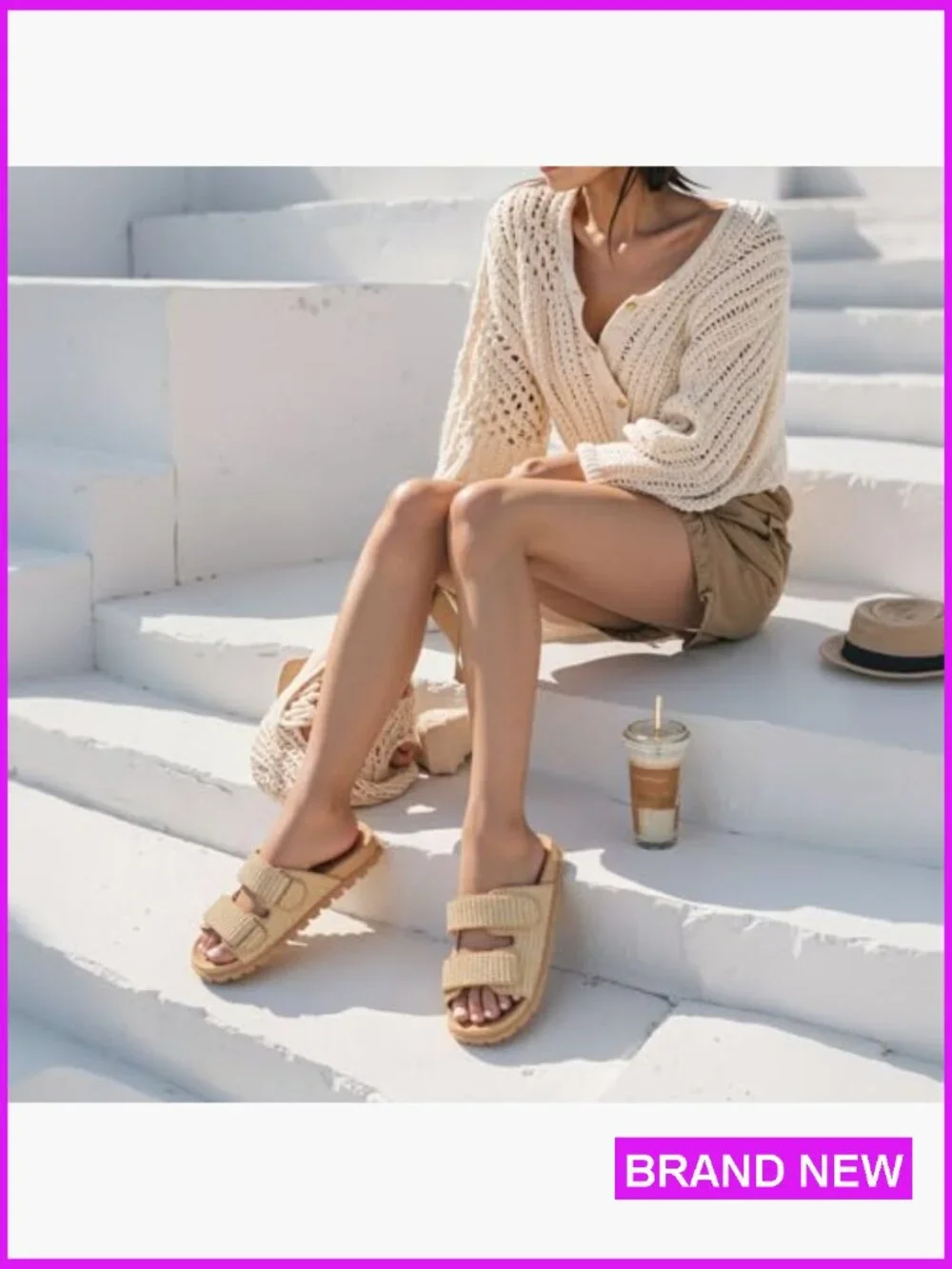 Woven Espadrille Slide Sandals Hook and Loop Slip-on Flat Beach Sandals